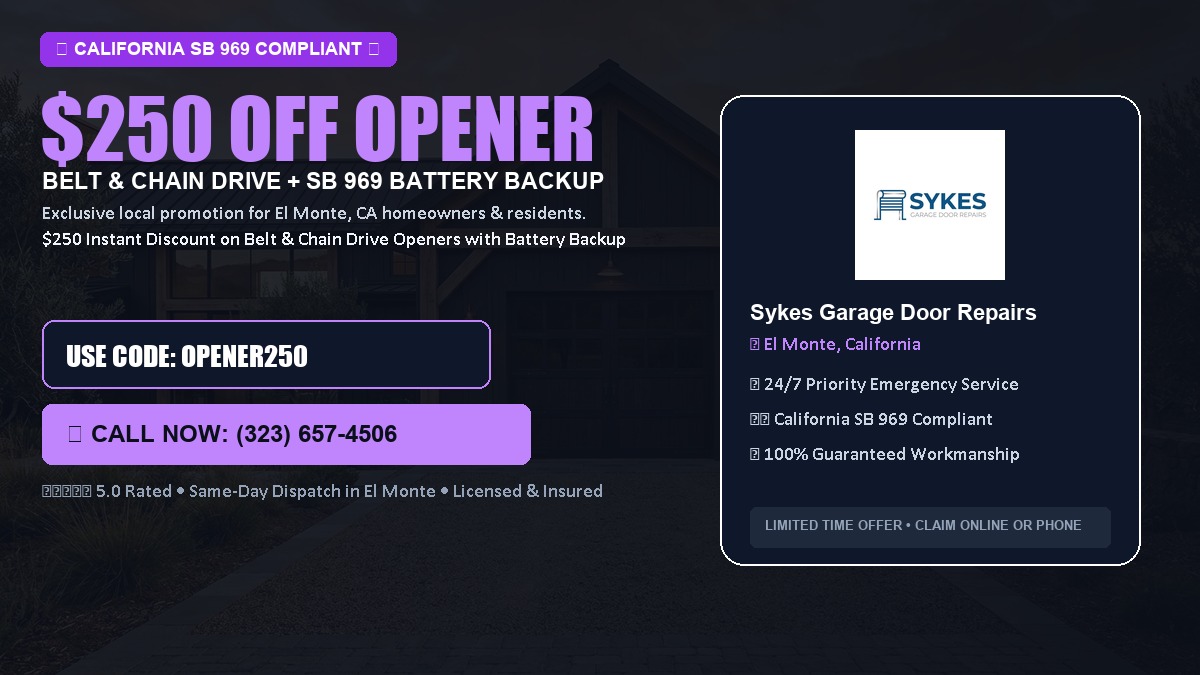 $250 OFF Smart Garage Door Opener Installation (Belt & Chain Drive with California SB 969 Battery Backup) in El Monte, CA